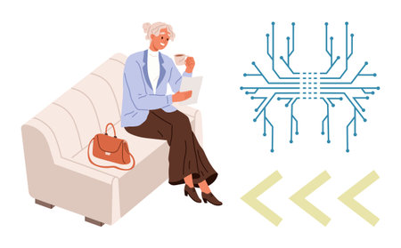 Woman sitting on couch, holding laptop and coffee, futuristic circuit pattern, digital arrows. Ideal for technology, remote work, business, innovation, multitasking connectivity simple flatのイラスト素材