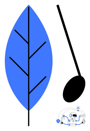 Blue leaf with black veins, black spoon silhouette, small robot engaging neural connections. Ideal for nature, innovation, AI, sustainability, design evolution and biotechnology themes. Simple flatのイラスト素材