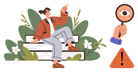 Person sitting on a stack of books surrounded by plants, pointing to an idea. A magnifying glass emphasizes focus, and a warning triangle signifies caution. Ideal for learning, curiosity, wisdomのイラスト素材