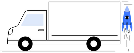 Delivery truck combined with a blue rocket for fast and efficient transport. Ideal for shipping, innovation, logistics, e-commerce, speed, productivity, progress metaphors, simple flat metaphorのイラスト素材