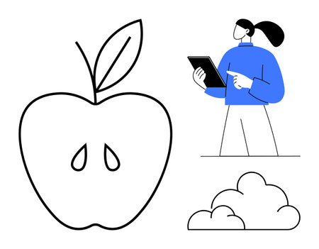 Apple with seeds and leaf, person holding tablet, cloud shapes. Ideal for health, education, technology, eco concepts, wellness, agriculture simple landing pageのイラスト素材