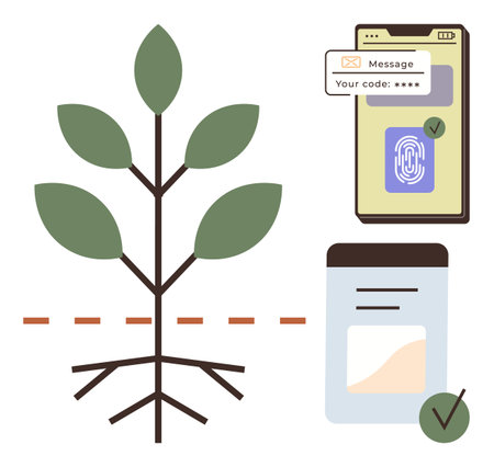 Tree with roots alongside phone displaying biometric verification and secured code input. Ideal for growth, security, authentication, technology, trust, verification, development. Simple flatのイラスト素材