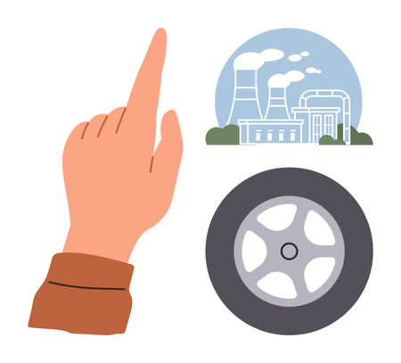 Hand gesturing upward, factory with chimneys releasing emissions, car wheel showcasing industries, technology, choices. Ideal for innovation, sustainability, industry, environment decision-makingのイラスト素材