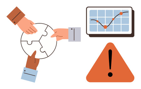 People assembling puzzle pieces symbolizing teamwork, graph displaying analytics, and exclamation caution sign. Ideal for collaboration, data insights, strategy, caution, problem solving, teamworkのイラスト素材