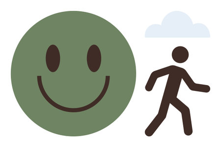 Green smiling face paired with walking figure and cloud symbolizes optimism, progress, wellness, motivation. Ideal for mental health, success, mindfulness, personal growth balance happiness. Simpleのイラスト素材