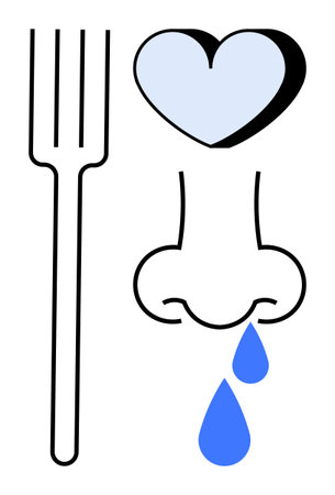 Human senses, emotion, food, sadness, abstract art, conceptual design. A fork, a heart a nose and blue teardrops create a minimalist artistic . Human senses and emotion conceptのイラスト素材