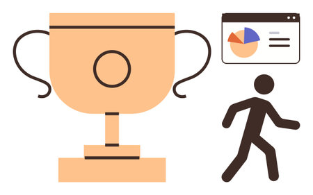 Golden trophy, person walking forward, and analytics dashboard represent achievement, growth, motivation, and success. Ideal for business, career goals, rewards progress innovation leadershipのイラスト素材