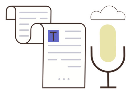 Microphone connecting to text files under a cloud, signifying transcription, digital storage, and cloud computing. Ideal for tech, media, education, productivity, innovation communication and AIのイラスト素材