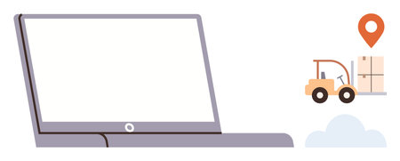 Laptop with a forklift loading cargo beside a location pin and cloud. Ideal for logistics, delivery, supply chain optimization, inventory management, e-commerce, business processes, data trackingのイラスト素材