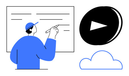 Education, cloud storage, online learning, multimedia tools, streaming services, technology usage. Person writing on a board, play button and cloud icon. Education and cloud storage illustrationのイラスト素材