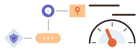 Flowchart featuring security badge, location pin, information icon, and speedometer. Ideal for...