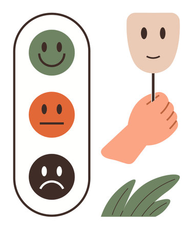 Traffic light with green, orange, and black faces expressing emotions, alongside a hand holding a smiling mask. Ideal for emotion, choices, decision-making, psychology, feedback interactionのイラスト素材