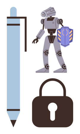 Futuristic robot holding shield, large lock, and a pen, symbolizing protection, technology, writing, cybersecurity, and trust. Ideal for innovation creativity digital safety AI privacyのイラスト素材