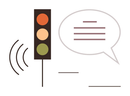 Traffic light with red, yellow, green lights, signal waves, and speech bubble suggesting communication. Ideal for technology, traffic, signal, communication IoT smart cities automation simpleのイラスト素材