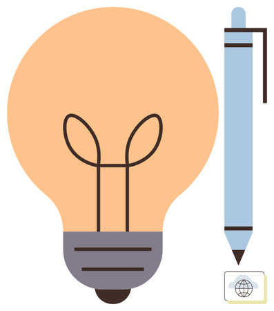 Light bulb symbolizing innovation beside a blue pen representing writing and creativity. Ideal for education, brainstorming, innovation, productivity, planning, inspiration, communication. Simpleのイラスト素材