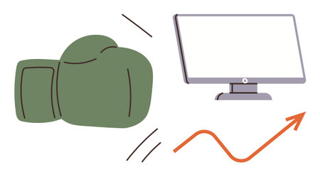 Green boxing glove hitting computer monitor, curved upward arrow. Ideal for competition, technology challenges, business growth, determination, innovation, digital success motivation. Simple flatのイラスト素材