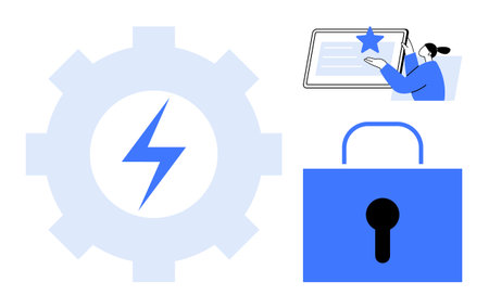 Cybersecurity, data privacy, authentication, technology efficiency, software usability, user interaction. Gear with lightning bolt, lock icon and user interface. Cybersecurity and data privacy themeのイラスト素材