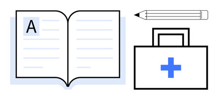 Education, healthcare, study materials, medical assistance, learning resources, conceptual design. Open book with pencil, medical briefcase a cross. Education and healthcare conceptのイラスト素材