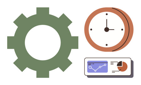 Gear, clock, and data analysis chart conveying productivity, workflow optimization, time management, and decision-making. Ideal for efficiency, technology, teamwork performance progress planningのイラスト素材