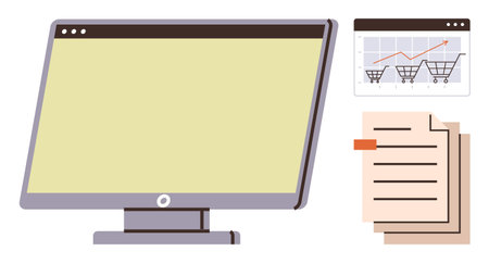 Computer monitor accompanied by chart with shopping cart icons and documents. Ideal for e-commerce, marketing, analytics, business planning, online sales strategy, retail, digital growth. Simple flatのイラスト素材