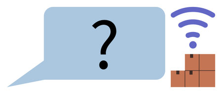 Question mark in blue speech bubble, wireless icon, and stacked boxes. Ideal for shipping, delivery, logistics, communication, network customer support inventory. Simple flat metaphorのイラスト素材