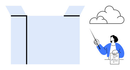 Open box symbolizing innovation, a presenter with a document pointing to a cloud concept. Ideal for brainstorming, creativity, learning, communication, problem-solving, thinking, innovation themesのイラスト素材