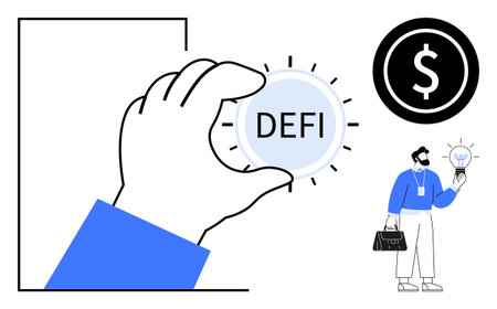 Hand holding DeFi coin, businessman with a lightbulb, and dollar icon evoke finance and innovation. Ideal for cryptocurrency, blockchain, decentralized finance, fintech, investment, technologyのイラスト素材