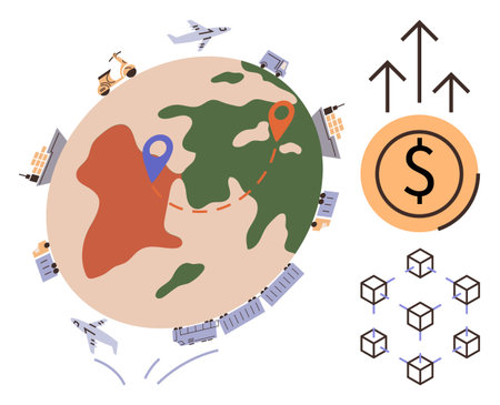 Globe with transport vehicles, location pins, cargo exports, investment growth arrows, and a blockchain network. Ideal for trade, economy, globalization, logistics innovation technology financeのイラスト素材