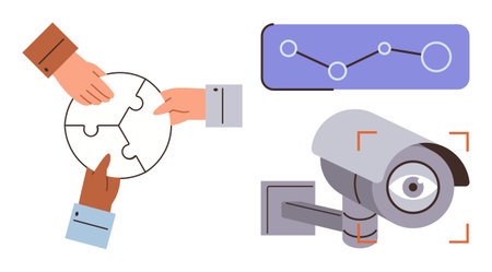 Hands assembling puzzle pieces, line graph with data points, and surveillance camera. Ideal for teamwork, problem-solving, data analysis, security, monitoring strategy connection. Simple flatのイラスト素材