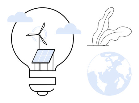 Solar panel and wind turbine inside light bulb with earth, clouds, and plant. Ideal for sustainability, clean technology, renewable energy, green living, climate awareness, eco-innovation simpleのイラスト素材