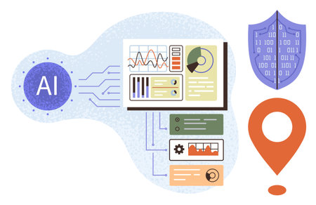 AI network analyzing data on dashboard with charts and graphs, security shield, and location pin. Ideal for technology, AI, data analysis, cybersecurity, innovation GPS digital protection. Simpleのイラスト素材