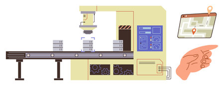 Automated machine organizing items on conveyor belt, control panel displayed. Hand interacts with...
