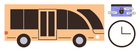Modern bus design with closed doors, secure payment card with a padlock, and clock highlighting punctuality. Ideal for transportation, travel, digital payment systems, time management, securityのイラスト素材
