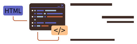 Computer window showing HTML code being built and connected to structured lines. Ideal for...