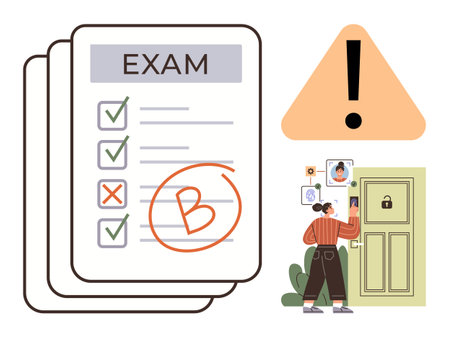 Exam result sheet with grade B, red alert icon, person using facial recognition for door access. Ideal for education, grades, security, technology, identity assessment warning. Simple flat metaphorのイラスト素材
