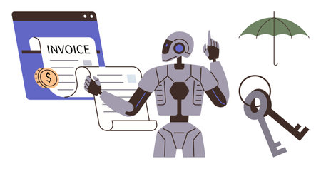 Robot managing digital invoice process, coin, keys, umbrella emphasizing automation, financial management, security, liability, protection future technology innovation. Ideal for fintech AIのイラスト素材