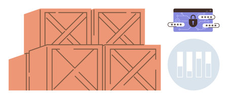 Wooden crates stacked together, a secured digital wallet with password inputs, and a simple bar graph. Ideal for warehouse management, security, logistics, data analysis, stock tracking, e-commerceのイラスト素材
