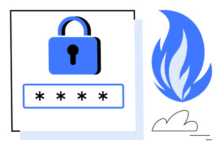 Padlock over password field with asterisks, blue flame symbol representing threat or safety. Ideal for cybersecurity, data protection, online access, privacy, authentication, risk, simple landingのイラスト素材