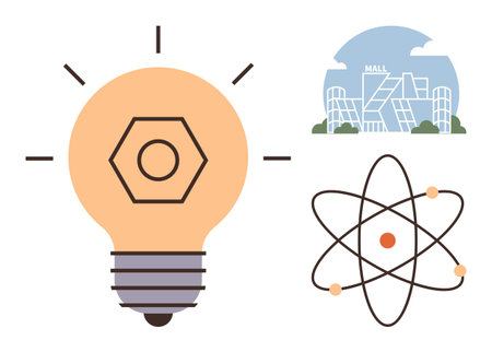 Bright lightbulb with a hexagonal shape, atom structure with electrons, and futuristic shopping mall buildings. Ideal for innovation, science, energy, education, creativity, modernityのイラスト素材