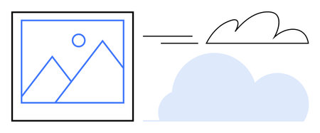 Image with mountains, sun inside a framed device, linked to a cloud. Ideal for data storage, cloud...