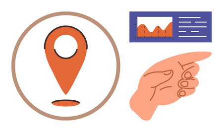 Hand gesture indicating panel with data charts and location pin inside a circle. Ideal for analytics, navigation, decision-making, guidance, business intelligence, direction, user interface. Simpleのイラスト素材