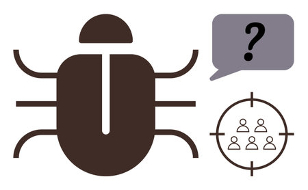 Bug symbol next to a question mark in a speech bubble and a targeted group icon. Ideal for...