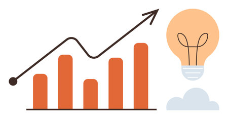 Bar graph with an upward line trend beside glowing light bulb and cloud. Ideal for business growth, innovation, success, analytics, progress, creativity, and strategy themes in a simple flat metaphorのイラスト素材