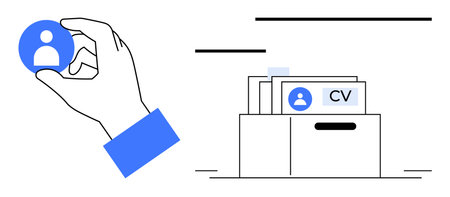 Recruitment process. Recruitment visualization with hand selecting profile icon near CV folder. Recruitment highlights talent acquisition, job application review, candidate management, and hiringのイラスト素材
