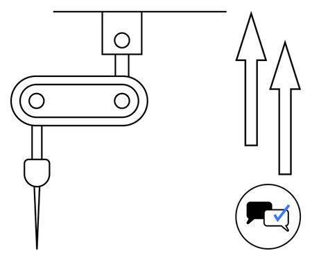Industrial robotic arm with sharp tool, two upward arrows symbolizing progress, and a communication icon with check mark. Ideal for manufacturing, innovation, technology, AI, automationのイラスト素材
