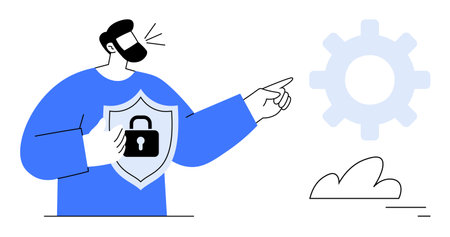 Bearded man holds shield with lock, gesturing to a gear symbolizing network security, privacy, and technological protection. Ideal for cybersecurity, data management, safety, privacy, tech solutionsのイラスト素材