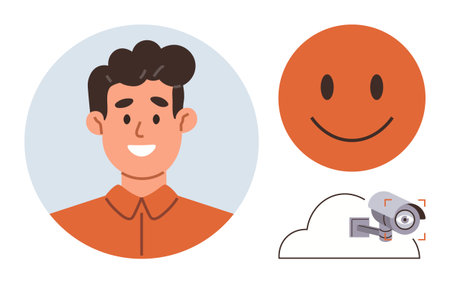 Smiling person illustration alongside cheerful emoticon and cloud-integrated security camera. Ideal for happiness, identity, surveillance, technology, cloud storage, emotions, digital innovationのイラスト素材