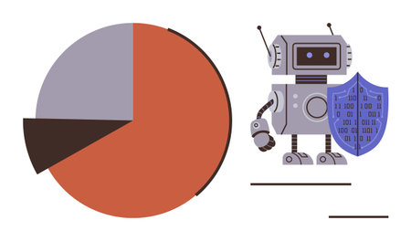 Robot holding shield with binary code next to a pie chart and lines of text. Ideal for...