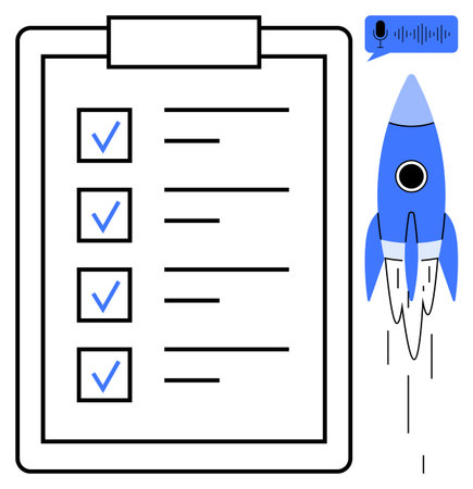 Clipboard with completed task checklist, blue rocket launching, and voice control icon. Ideal for...