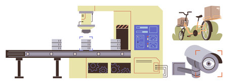 Conveyor system stacking packages, robotic arm in action, delivery bike with a parcel, and...